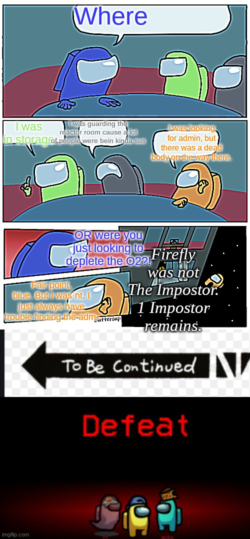 Summary of my latest game, replace Firefly (Orange) with me (red), Pale green/lime with white (boo), black/gray with brown (Bear | Where; I was in storage; I was looking for admin, but there was a dead body on the way there. I was guarding the reactor room cause a lot of people were bein kinda sus; OR were you just looking to deplete the O2?! Firefly was not The Impostor.
1 Impostor remains. Fair point, blue. But I was´nt. I just always have trouble finding the adm- | image tagged in among us meeting | made w/ Imgflip meme maker