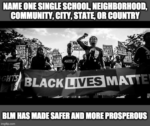 #blmchallenge | NAME ONE SINGLE SCHOOL, NEIGHBORHOOD, COMMUNITY, CITY, STATE, OR COUNTRY; BLM HAS MADE SAFER AND MORE PROSPEROUS | image tagged in blm,dnc,democrats,violence is never the answer | made w/ Imgflip meme maker
