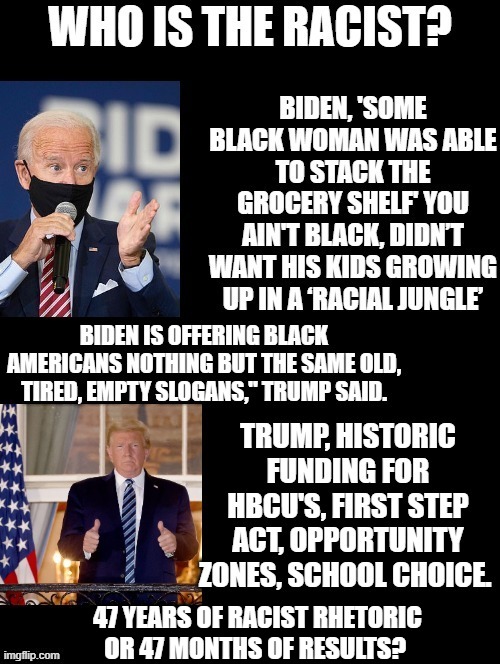 Who Is the RACIST? | 47 YEARS OF RACIST RHETORIC OR 47 MONTHS OF RESULTS? | image tagged in biden,trump,stupid liberals | made w/ Imgflip meme maker