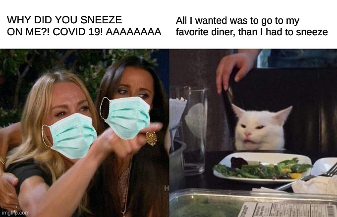 Woman Yelling At Cat | WHY DID YOU SNEEZE ON ME?! COVID 19! AAAAAAAA; All I wanted was to go to my favorite diner, than I had to sneeze | image tagged in memes,woman yelling at cat | made w/ Imgflip meme maker