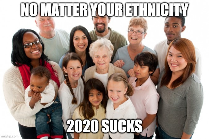 2020 Sucks | NO MATTER YOUR ETHNICITY; 2020 SUCKS | image tagged in 2020 sucks | made w/ Imgflip meme maker