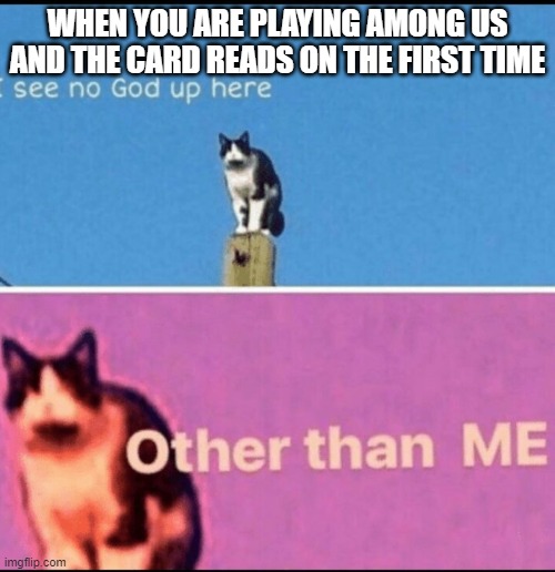 I see no god up here other than me | WHEN YOU ARE PLAYING AMONG US AND THE CARD READS ON THE FIRST TIME | image tagged in i see no god up here other than me,among us,i am a potato | made w/ Imgflip meme maker