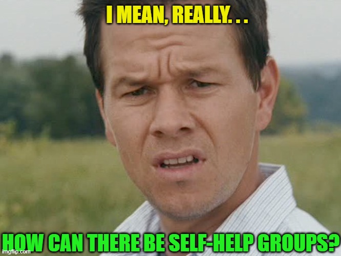 It begs the question... | I MEAN, REALLY. . . HOW CAN THERE BE SELF-HELP GROUPS? | image tagged in why wahlberg,why,think about it,think,funny,memes | made w/ Imgflip meme maker