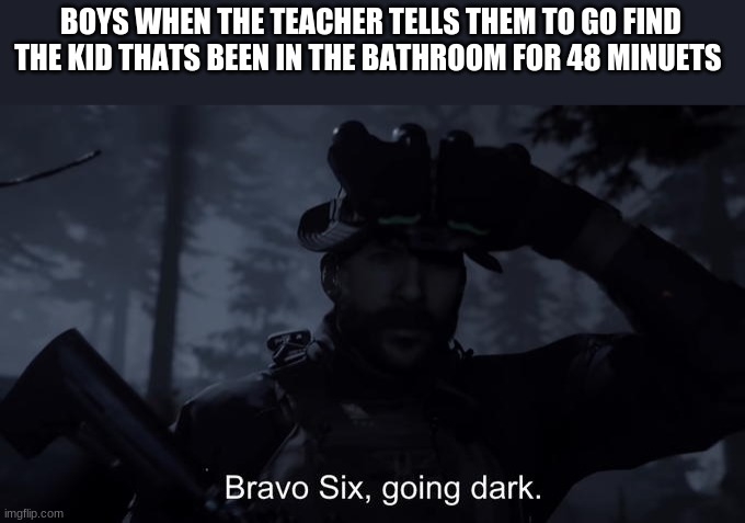 boys, am i right? | BOYS WHEN THE TEACHER TELLS THEM TO GO FIND THE KID THATS BEEN IN THE BATHROOM FOR 48 MINUETS | image tagged in bravo six going dark,memes,school meme | made w/ Imgflip meme maker