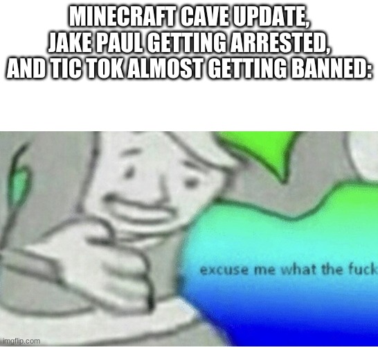 Excuse me wtf blank template | MINECRAFT CAVE UPDATE, JAKE PAUL GETTING ARRESTED, AND TIC TOK ALMOST GETTING BANNED: | image tagged in excuse me wtf blank template | made w/ Imgflip meme maker
