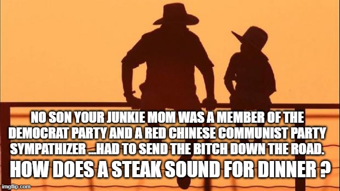 Cowboy father and son | NO SON YOUR JUNKIE MOM WAS A MEMBER OF THE DEMOCRAT PARTY AND A RED CHINESE COMMUNIST PARTY SYMPATHIZER ...HAD TO SEND THE BITCH DOWN THE RO | image tagged in cowboy father and son | made w/ Imgflip meme maker