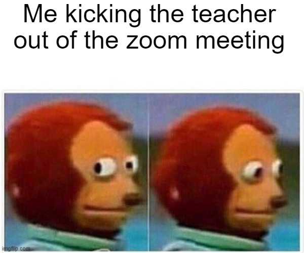 Monkey Puppet Zoom | Me kicking the teacher out of the zoom meeting | image tagged in memes,monkey puppet | made w/ Imgflip meme maker