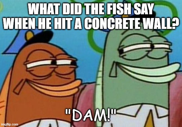 Bad Dad Joke October 6 2020 | WHAT DID THE FISH SAY WHEN HE HIT A CONCRETE WALL? "DAM!" | image tagged in spongebob cops | made w/ Imgflip meme maker