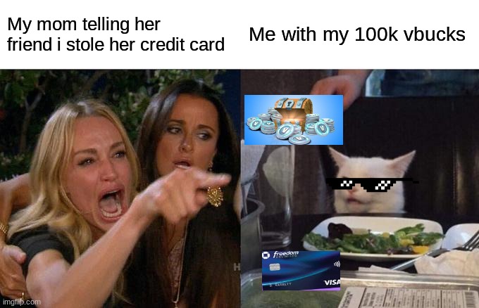 Woman Yelling At Cat Meme | My mom telling her friend i stole her credit card; Me with my 100k vbucks | image tagged in memes,woman yelling at cat | made w/ Imgflip meme maker