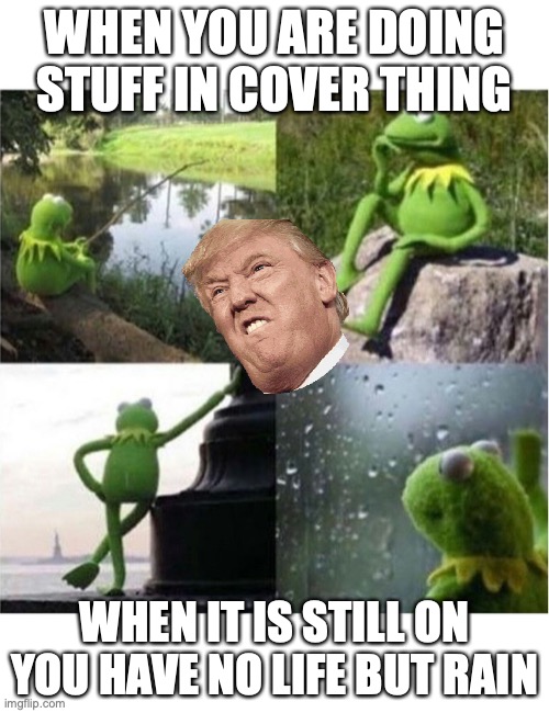 blank kermit waiting | WHEN YOU ARE DOING STUFF IN COVER THING; WHEN IT IS STILL ON YOU HAVE NO LIFE BUT RAIN | image tagged in blank kermit waiting | made w/ Imgflip meme maker