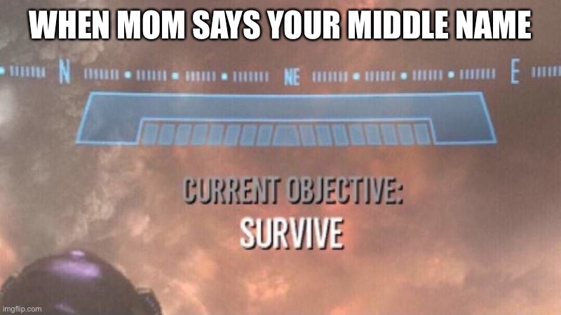 Oh noooooo | WHEN MOM SAYS YOUR MIDDLE NAME | image tagged in current objective survive | made w/ Imgflip meme maker