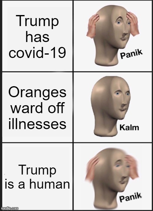 Panik Kalm Panik Meme | Trump has covid-19; Oranges ward off illnesses; Trump is a human | image tagged in memes,panik kalm panik | made w/ Imgflip meme maker