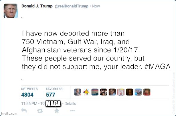 They served . . . he dogged . . . | I have now deported more than 750 Vietnam, Gulf War, Iraq, and Afghanistan veterans since 1/20/17. These people served our country, but they did not support me, your leader. #MAGA; MAGA | image tagged in blank trump tweet,election,deportation,military,trump | made w/ Imgflip meme maker