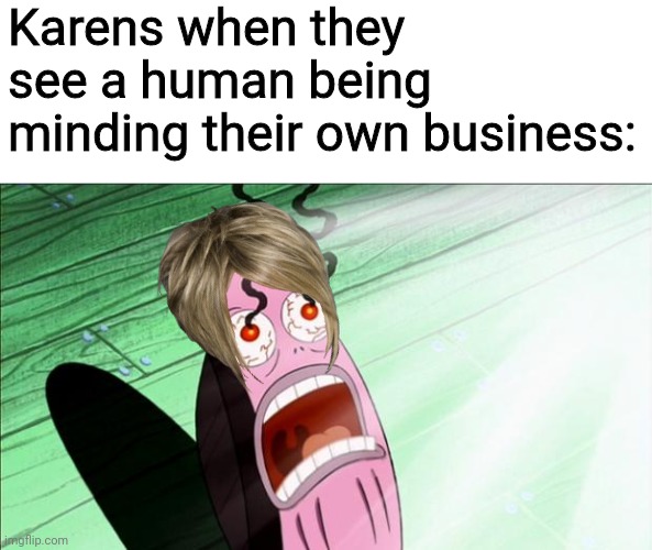 The only Karen that I respect is Plankton's computer wife | Karens when they see a human being minding their own business: | image tagged in spongebob my eyes,meme,karen,karen the manager will see you now,imagination spongebob | made w/ Imgflip meme maker