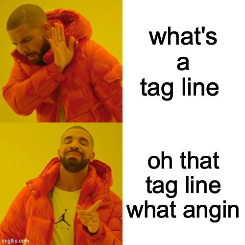 Drake Hotline Bling Meme | what's a tag line oh that tag line what angin | image tagged in memes,drake hotline bling | made w/ Imgflip meme maker