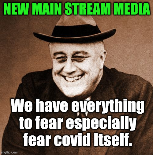New message from the elite, we need to fear everything. | NEW MAIN STREAM MEDIA; We have everything to fear especially fear covid Itself. | image tagged in fdr laughing,fear,biased media,political meme | made w/ Imgflip meme maker