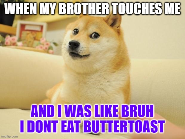 Doge 2 | WHEN MY BROTHER TOUCHES ME; AND I WAS LIKE BRUH I DONT EAT BUTTERTOAST | image tagged in memes,doge 2 | made w/ Imgflip meme maker