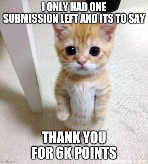 THANK YOU FOR 6K POINTS | I ONLY HAD ONE SUBMISSION LEFT AND ITS TO SAY; THANK YOU FOR 6K POINTS | image tagged in memes,cute cat | made w/ Imgflip meme maker