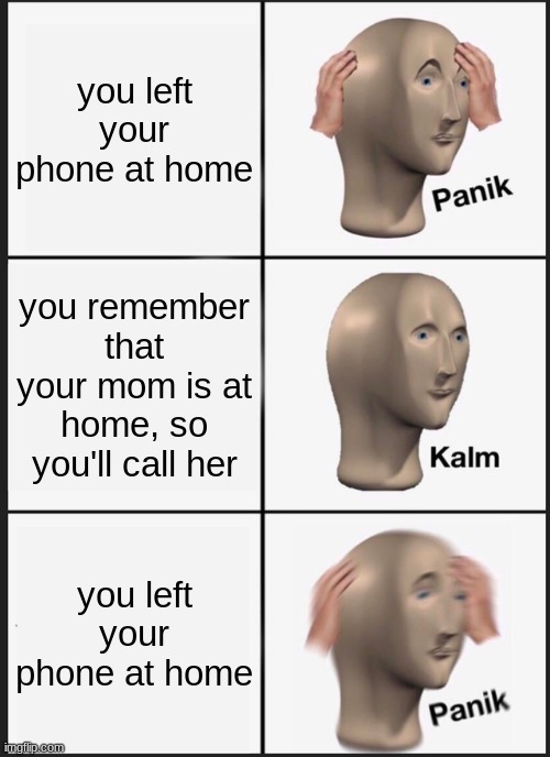 my phone is at home | you left your phone at home; you remember that your mom is at home, so you'll call her; you left your phone at home | image tagged in memes,panik kalm panik,phone,home | made w/ Imgflip meme maker