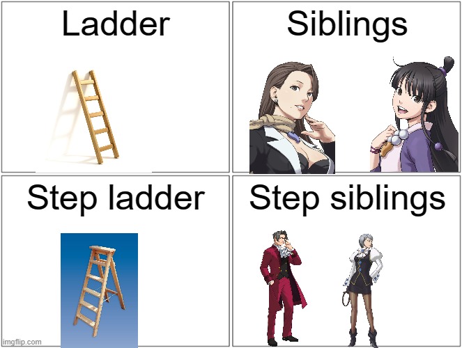 Put your biased cultural assumptions aside. | Ladder; Siblings; Step ladder; Step siblings | image tagged in memes,blank comic panel 2x2,ace attorney | made w/ Imgflip meme maker