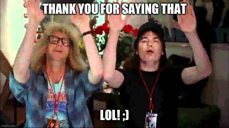 Wayne's World, We're Not Worthy | THANK YOU FOR SAYING THAT; LOL! ;) | image tagged in wayne's world we're not worthy | made w/ Imgflip meme maker