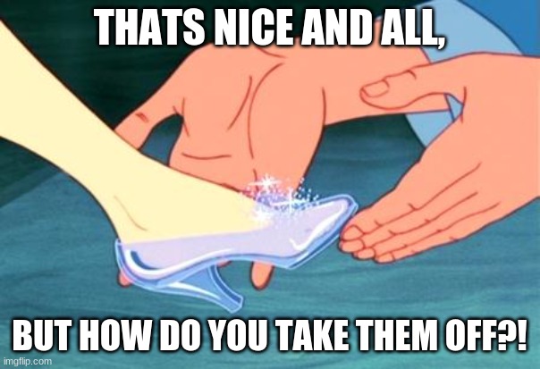 cinderella shoe fits | THATS NICE AND ALL, BUT HOW DO YOU TAKE THEM OFF?! | image tagged in cinderella shoe fits | made w/ Imgflip meme maker
