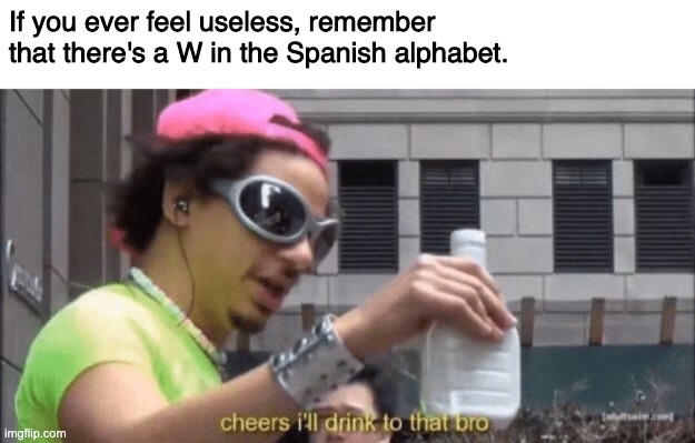 W | If you ever feel useless, remember that there's a W in the Spanish alphabet. | image tagged in cheers ill drink to that bro | made w/ Imgflip meme maker