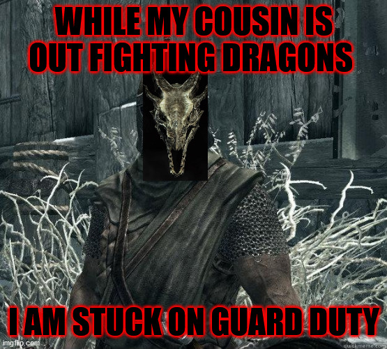 DragonGuard | WHILE MY COUSIN IS OUT FIGHTING DRAGONS; I AM STUCK ON GUARD DUTY | image tagged in skyrimguard | made w/ Imgflip meme maker