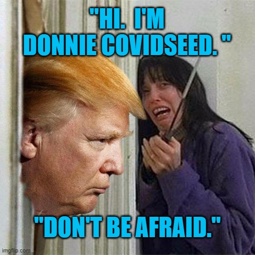 "Don't Fear Heroin, Drunk Drivers Or Drowning." | "HI.  I'M DONNIE COVIDSEED. "; "DON'T BE AFRAID." | image tagged in politics | made w/ Imgflip meme maker