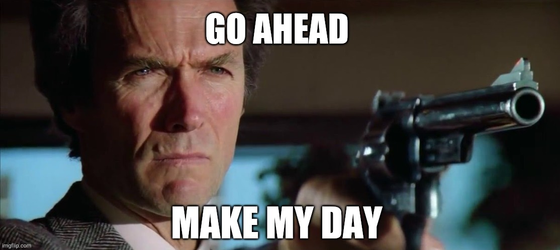 Go ahead, make my day! | image tagged in dirty harry,clint eastwood,gun | made w/ Imgflip meme maker