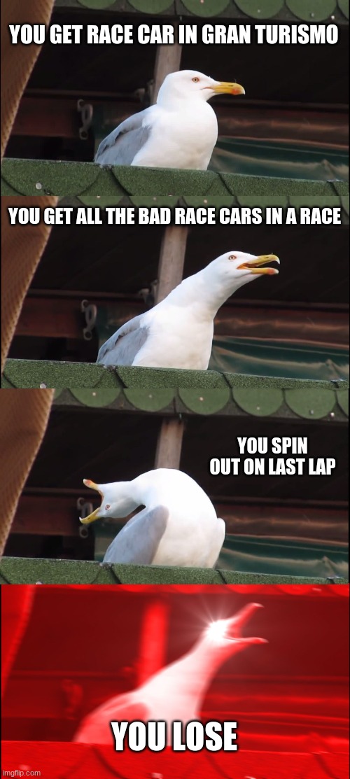 NOOO NOT THE VERTIGO | YOU GET RACE CAR IN GRAN TURISMO; YOU GET ALL THE BAD RACE CARS IN A RACE; YOU SPIN OUT ON LAST LAP; YOU LOSE | image tagged in memes,inhaling seagull | made w/ Imgflip meme maker