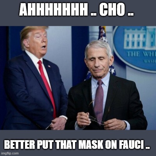 GA..SOON..HITE sound it out | AHHHHHHH .. CHO .. BETTER PUT THAT MASK ON FAUCI .. | image tagged in fauci | made w/ Imgflip meme maker