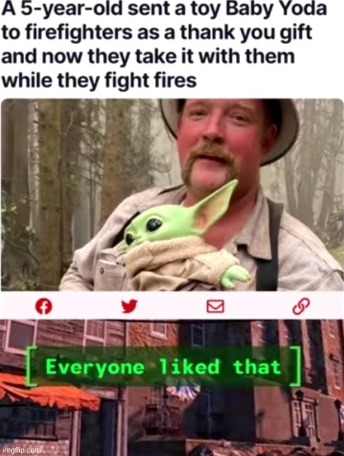 Baby Yoda in the fires | image tagged in baby yoda,everybody liked that | made w/ Imgflip meme maker