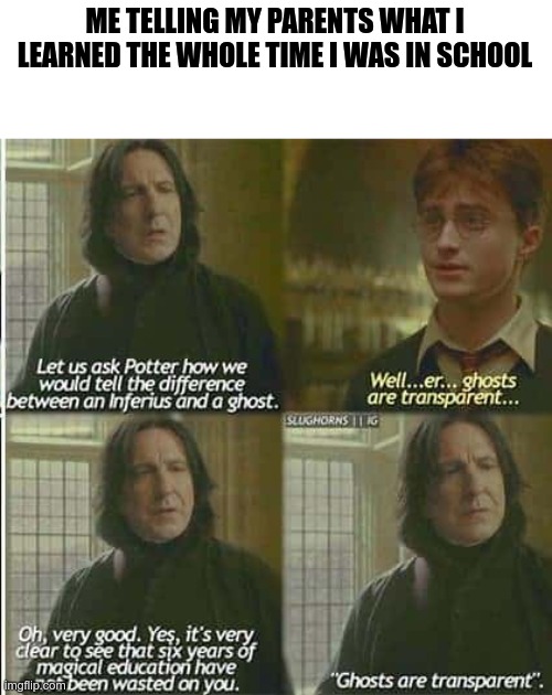 ghosts are transparent | ME TELLING MY PARENTS WHAT I LEARNED THE WHOLE TIME I WAS IN SCHOOL | image tagged in school,harry potter | made w/ Imgflip meme maker