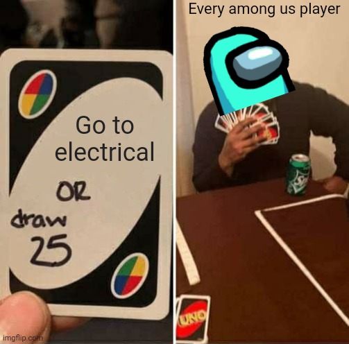 UNO Draw 25 Cards Meme | Every among us player; Go to electrical | image tagged in memes,uno draw 25 cards | made w/ Imgflip meme maker