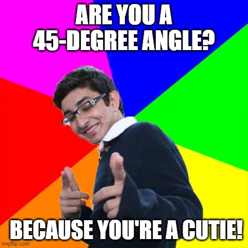 its not for anyone just use theese if you want | ARE YOU A 45-DEGREE ANGLE? BECAUSE YOU'RE A CUTIE! | image tagged in memes,subtle pickup liner | made w/ Imgflip meme maker