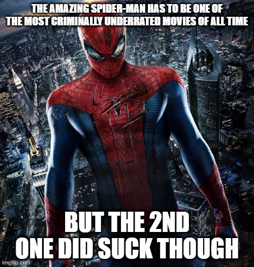 yeah it is really underrated | THE AMAZING SPIDER-MAN HAS TO BE ONE OF THE MOST CRIMINALLY UNDERRATED MOVIES OF ALL TIME; BUT THE 2ND ONE DID SUCK THOUGH | image tagged in spider-man,the amazing spider-man,marvel,sony | made w/ Imgflip meme maker