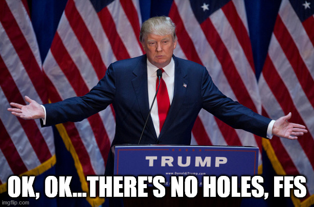 He's not the Messiah, he's a very naughty boy! | OK, OK...THERE'S NO HOLES, FFS | image tagged in donald trump,biden,election2020 | made w/ Imgflip meme maker