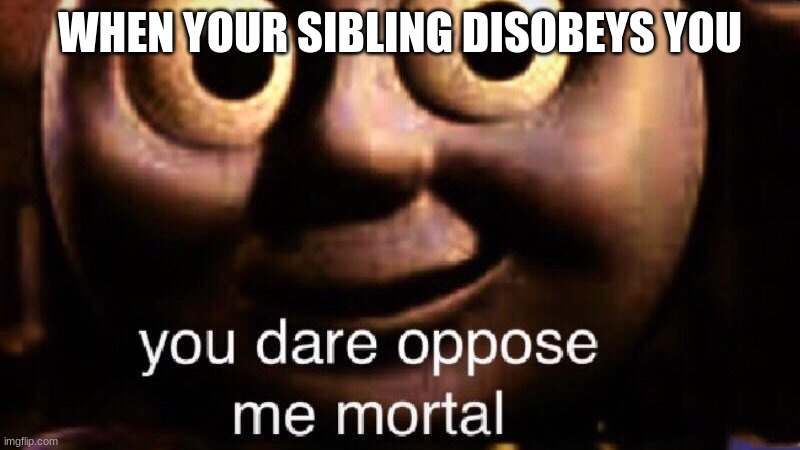 When your sibling disobey you | WHEN YOUR SIBLING DISOBEYS YOU | image tagged in you dare oppose me mortal | made w/ Imgflip meme maker
