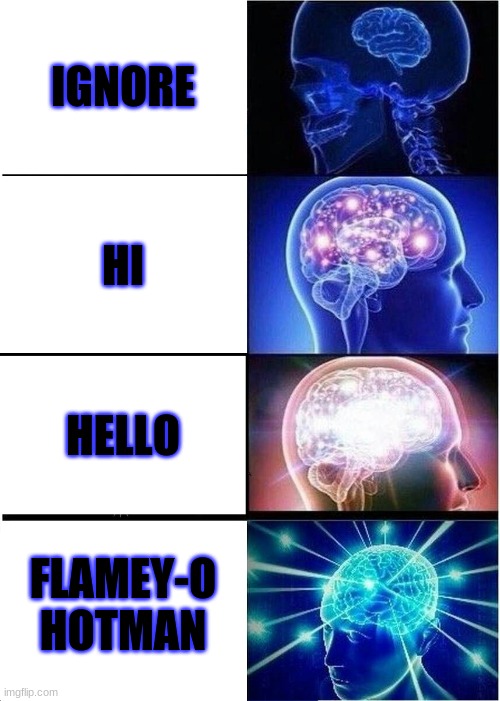 Flamey-o Hotman | IGNORE; HI; HELLO; FLAMEY-O HOTMAN | image tagged in memes,expanding brain,funny | made w/ Imgflip meme maker
