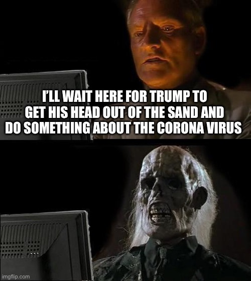 I'll Just Wait Here Meme | I’LL WAIT HERE FOR TRUMP TO GET HIS HEAD OUT OF THE SAND AND DO SOMETHING ABOUT THE CORONA VIRUS | image tagged in memes,i'll just wait here | made w/ Imgflip meme maker