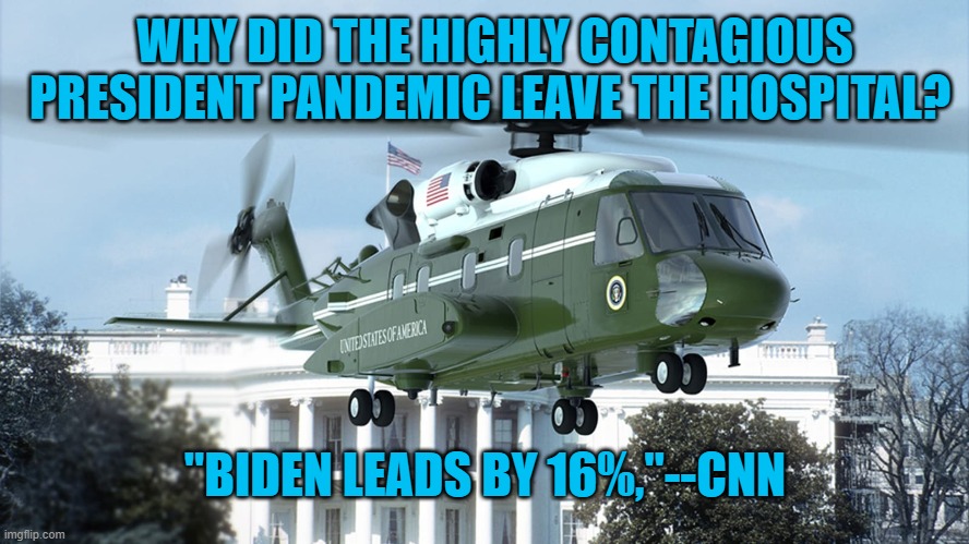 President Pandemic, Carrying Contagion Wherever He Goes. | WHY DID THE HIGHLY CONTAGIOUS PRESIDENT PANDEMIC LEAVE THE HOSPITAL? "BIDEN LEADS BY 16%,"--CNN | image tagged in politics | made w/ Imgflip meme maker