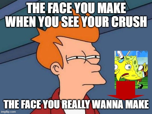 Futurama Fry | THE FACE YOU MAKE WHEN YOU SEE YOUR CRUSH; THE FACE YOU REALLY WANNA MAKE | image tagged in memes,futurama fry | made w/ Imgflip meme maker