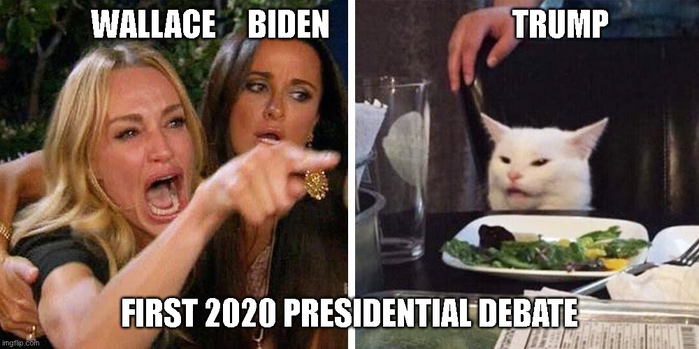 Trump vs. Wallace with Biden moderating @ first 2020 Presidential debate. | WALLACE     BIDEN                             TRUMP; FIRST 2020 PRESIDENTIAL DEBATE | image tagged in smudge the cat,trump,wallace,biden,debate,unbiased | made w/ Imgflip meme maker