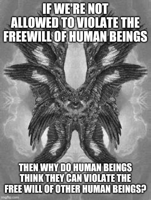 IF WE'RE NOT ALLOWED TO VIOLATE THE FREEWILL OF HUMAN BEINGS; THEN WHY DO HUMAN BEINGS THINK THEY CAN VIOLATE THE FREE WILL OF OTHER HUMAN BEINGS? | image tagged in angel | made w/ Imgflip meme maker
