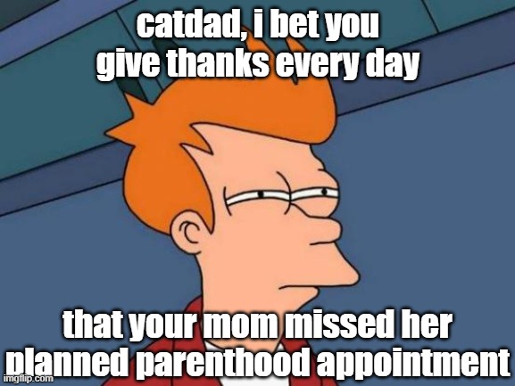 Futurama Fry Meme | catdad, i bet you give thanks every day that your mom missed her planned parenthood appointment | image tagged in memes,futurama fry | made w/ Imgflip meme maker