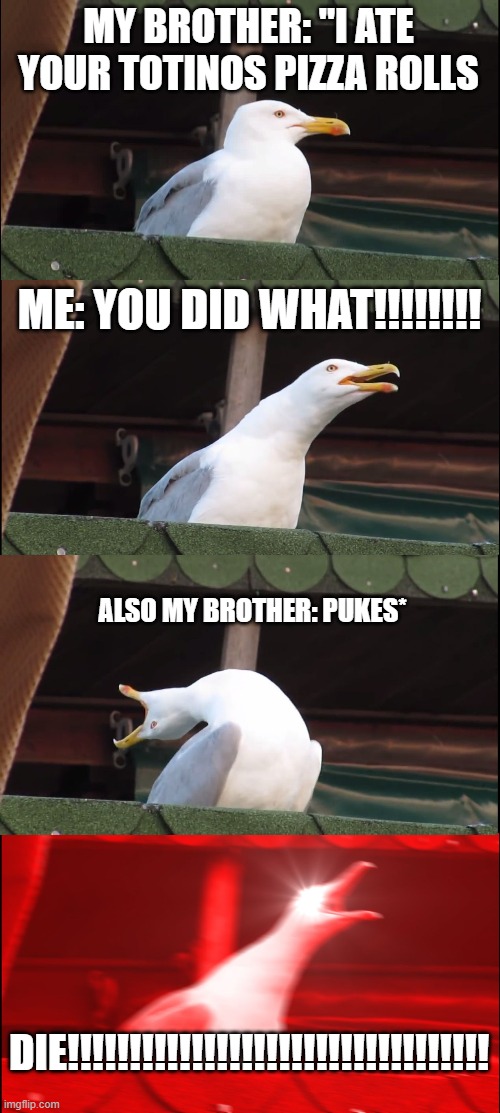 yummy | MY BROTHER: "I ATE YOUR TOTINOS PIZZA ROLLS; ME: YOU DID WHAT!!!!!!!! ALSO MY BROTHER: PUKES*; DIE!!!!!!!!!!!!!!!!!!!!!!!!!!!!!!!!!! | image tagged in memes,inhaling seagull | made w/ Imgflip meme maker