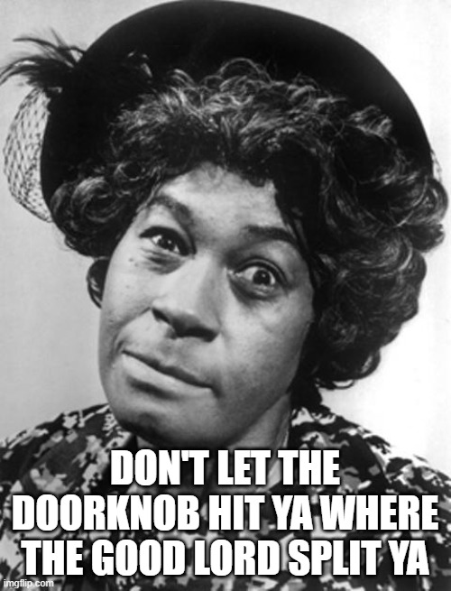 Aunt Esther | DON'T LET THE DOORKNOB HIT YA WHERE THE GOOD LORD SPLIT YA | image tagged in aunt esther | made w/ Imgflip meme maker