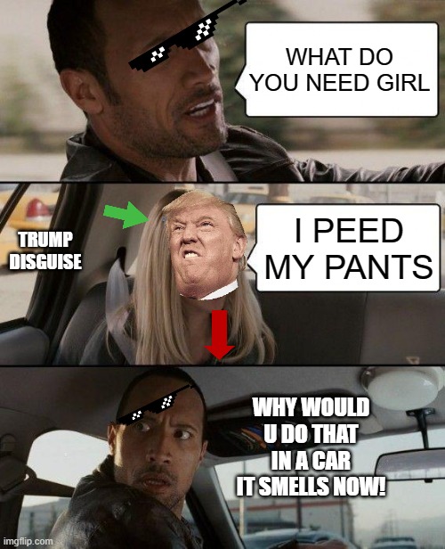 The Rock Driving Meme | WHAT DO YOU NEED GIRL; TRUMP DISGUISE; I PEED MY PANTS; WHY WOULD U DO THAT IN A CAR IT SMELLS NOW! | image tagged in memes,the rock driving | made w/ Imgflip meme maker