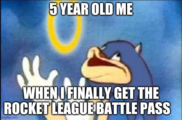 Sonic derp | 5 YEAR OLD ME; WHEN I FINALLY GET THE ROCKET LEAGUE BATTLE PASS | image tagged in sonic derp | made w/ Imgflip meme maker